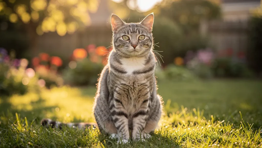 Healthy cat sitting in outdoor garden with natural sunlight