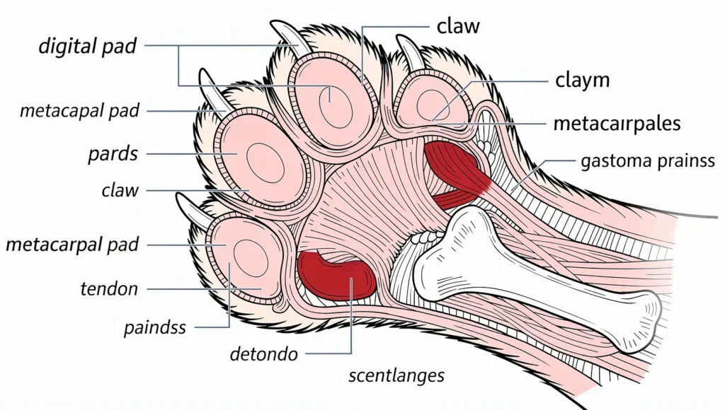 Anatomical diagram showing scent glands in cat paw pads