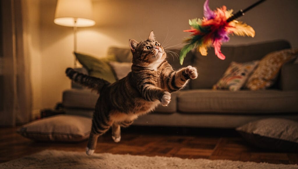 A cat playing with a wand toy as part of a pre-bedtime routine.