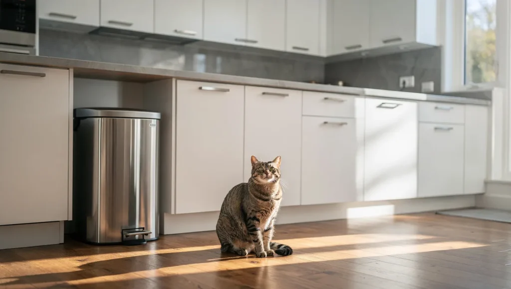 Cat-safe kitchen with closed cabinets and secure trash can