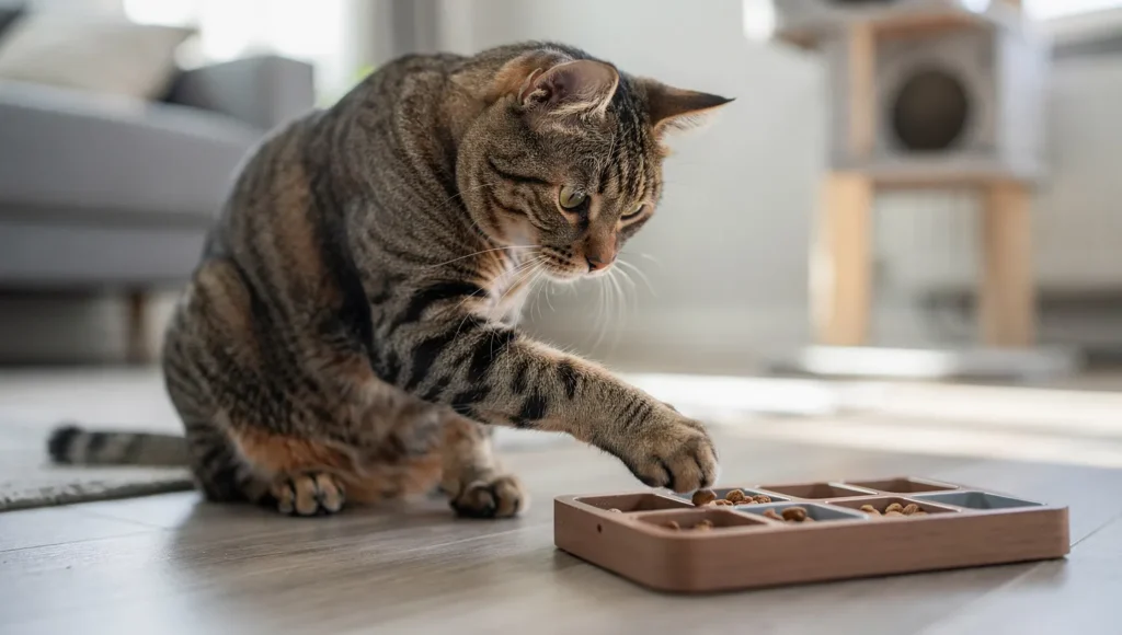 Cat using a puzzle feeder as part of an active weight loss routine