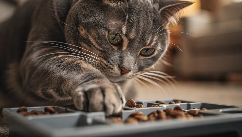 Cat using a puzzle feeder toy