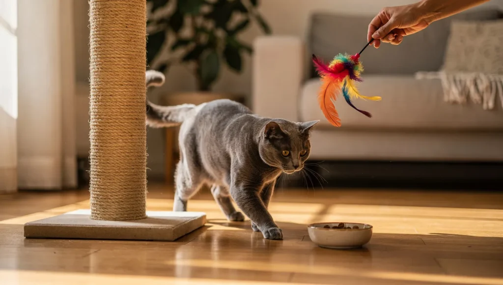 Person using feather toy to encourage cat to use tall scratching post with treats nearby