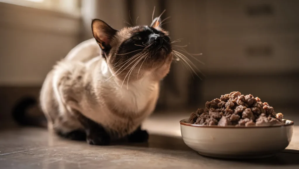A picky cat turning its head disdainfully away from a bowl of new food, demonstrating food neophobia and refusal behaviors.