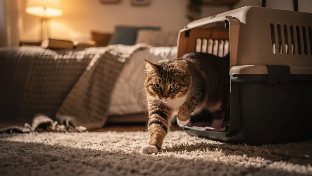 A cat stepping cautiously out of its carrier into a quiet new room.