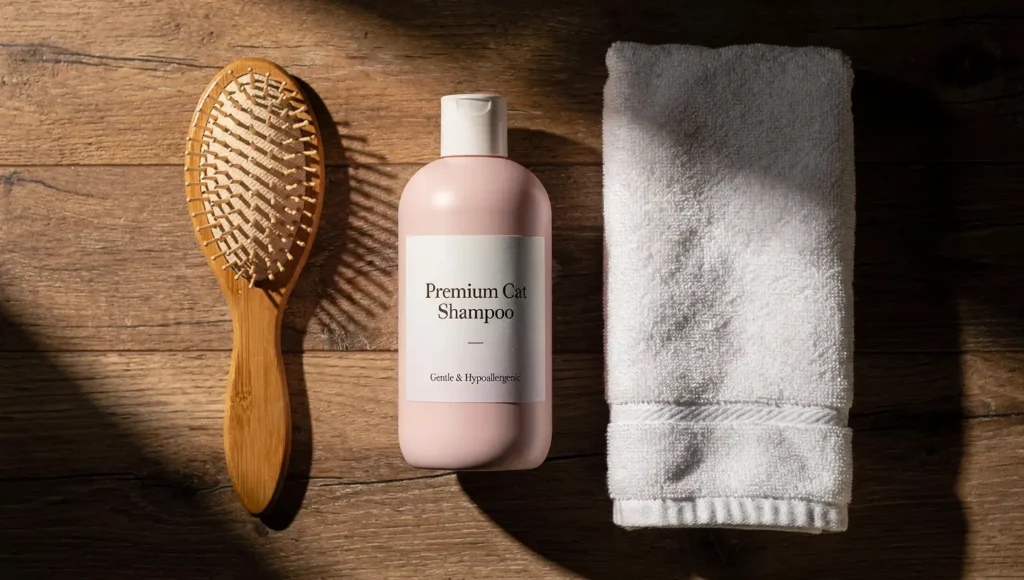 Close-up of a bottle of cat safe shampoo next to a soft brush.