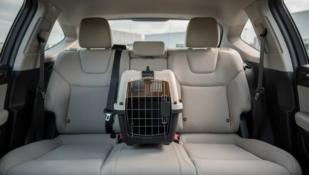 A cat carrier safely placed in the middle back seat using a seatbelt.