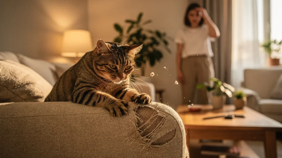 Stop Cat Scratching Furniture: Cat scratching couch with visible damage while frustrated owner watches