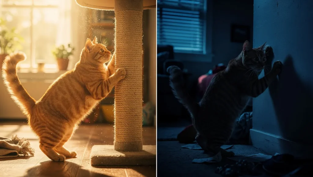 Split-screen showing territorial scratching near window versus anxiety scratching at night