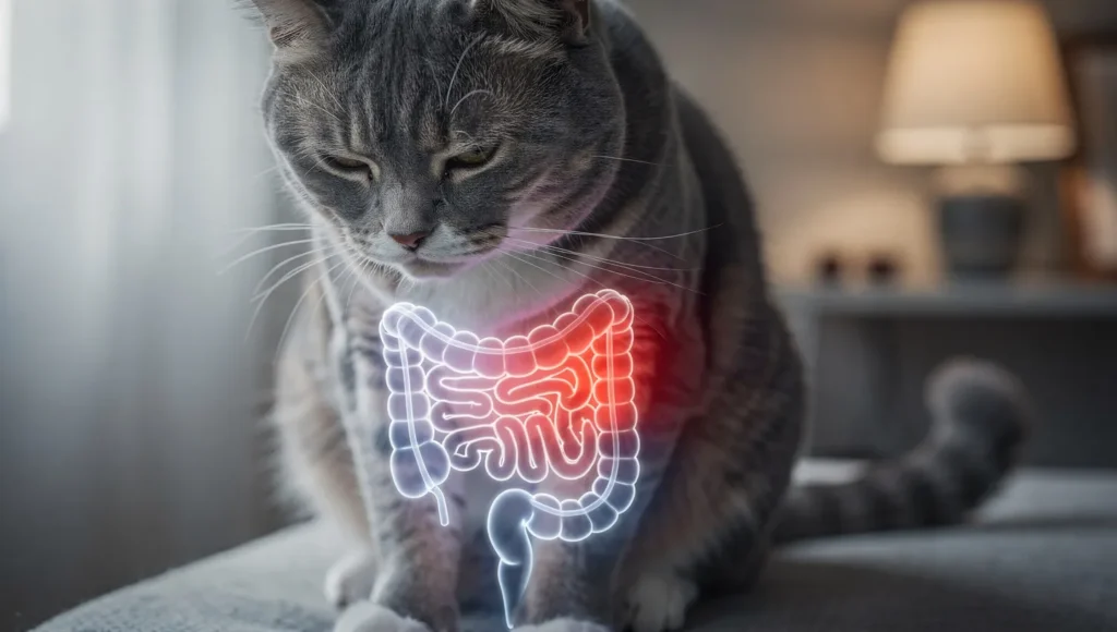 Close-up of an uncomfortable cat with a schematic diagram overlay showing an inflamed feline digestive tract, illustrating gut shock from sudden food changes.