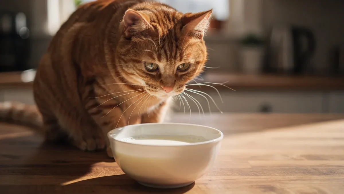 Can cats drink milk Curious cat looking at a bowl of cow milk