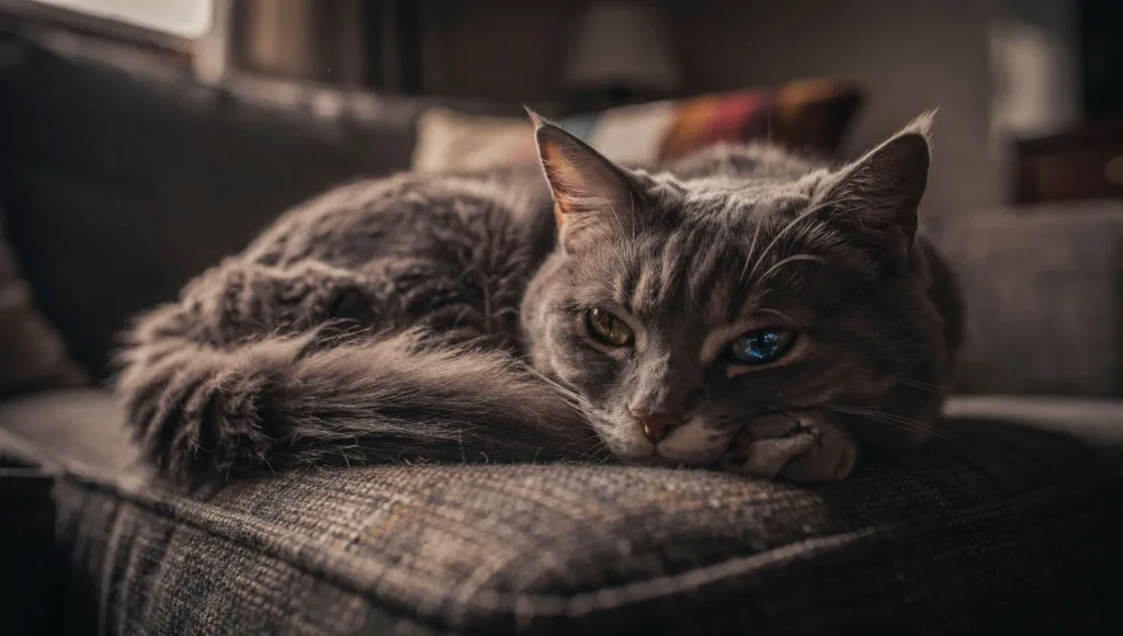 Unhappy cat curled up on a sofa with discomfort