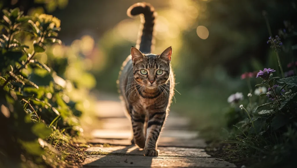  Cat tail raised high in outdoor garden showing happy confident body language 