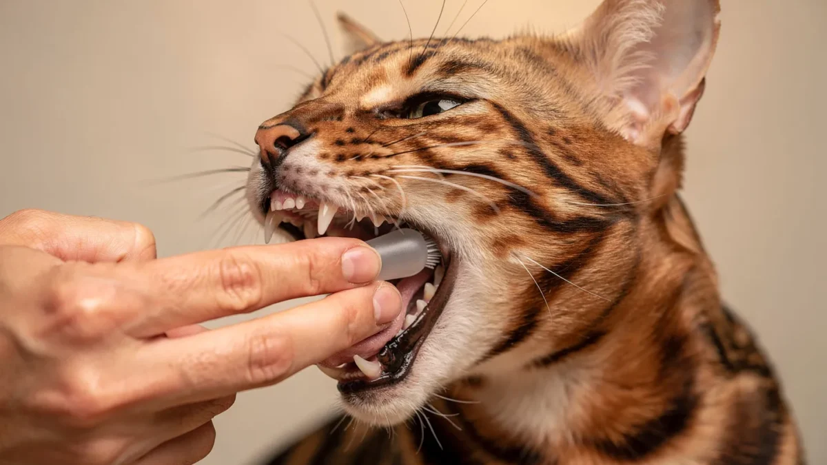 Step by step cat teeth brushing technique at 45 degree angle