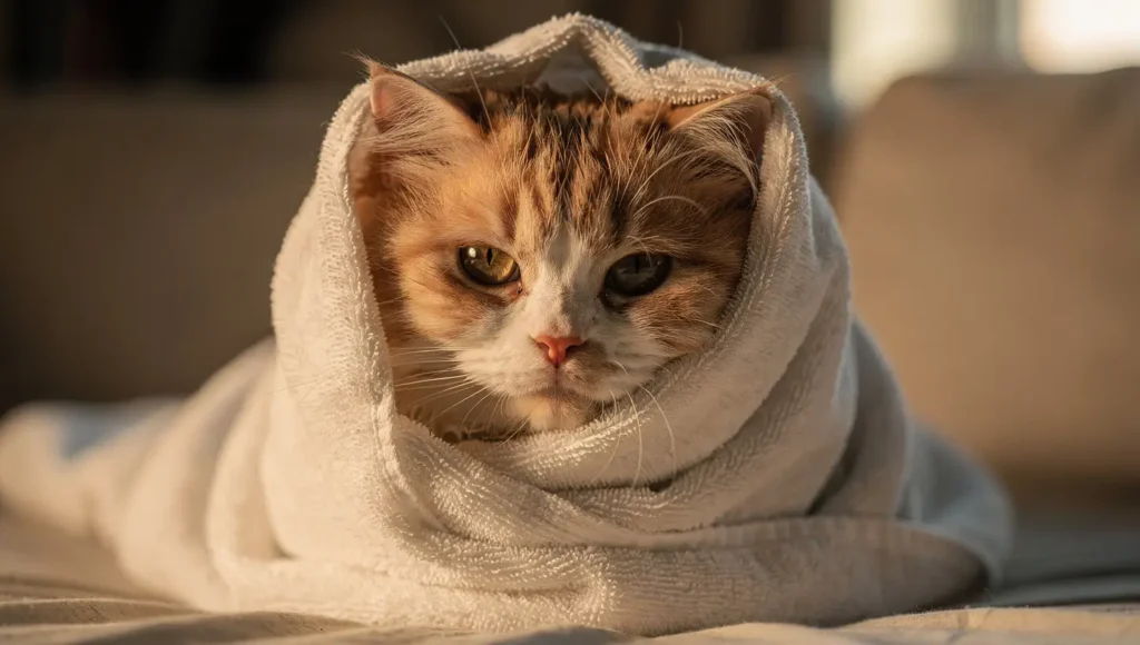 A fluffy cat wrapped snugly in a white towel, looking calm and dry.