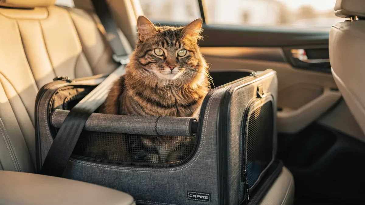 Traveling with a cat: A calm tabby cat sitting inside a secure travel carrier in a car back seat.