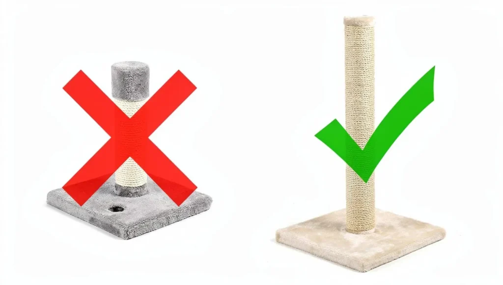 Side-by-side comparison of short wobbly post versus tall stable cat tree