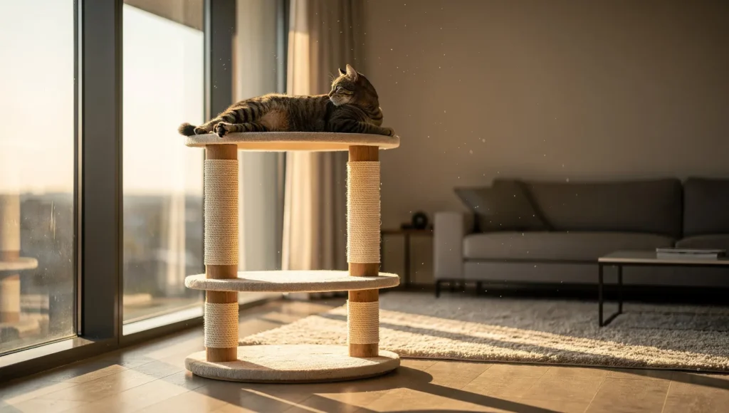 A cat tree placed near a window so a cat can watch outside and relax safely.