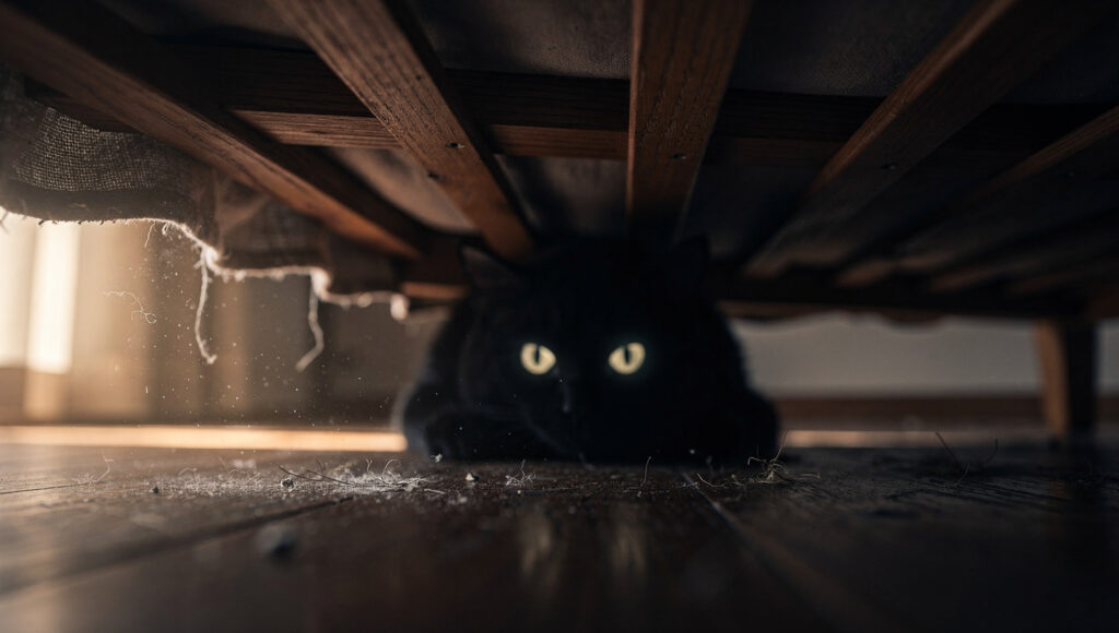 A cat hiding under a wooden bed frame