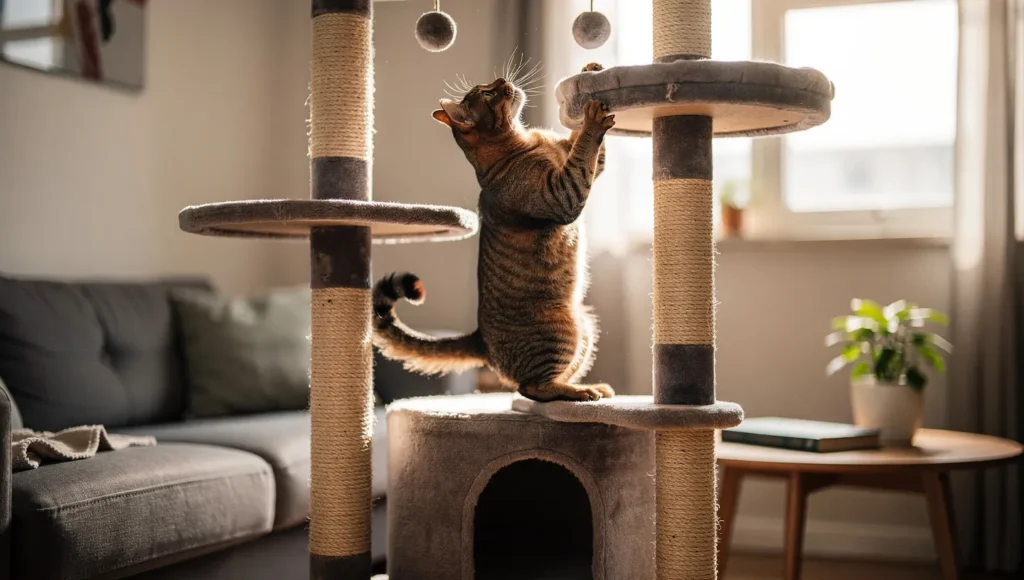 A cat climbing a tall cat tree to enjoy vertical space and feel safe indoors.