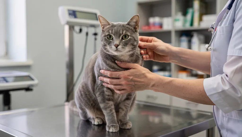 Veterinarian examining a cat during a weight and health check
