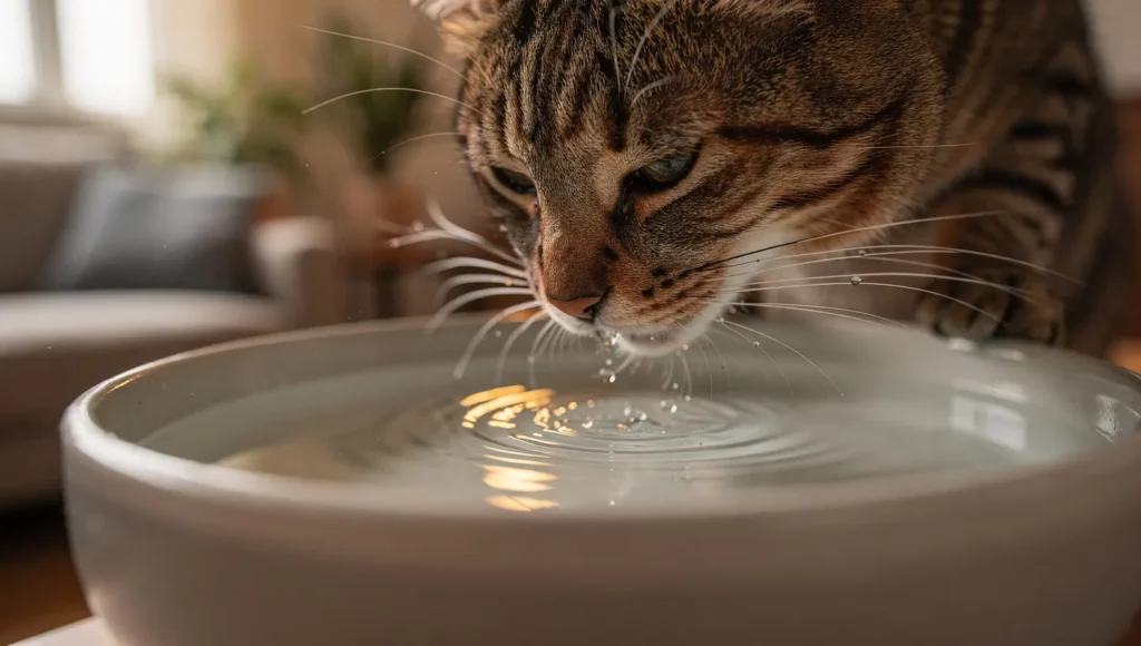 A senior cat drinking from an elevated water fountain to show comfort and accessibility
