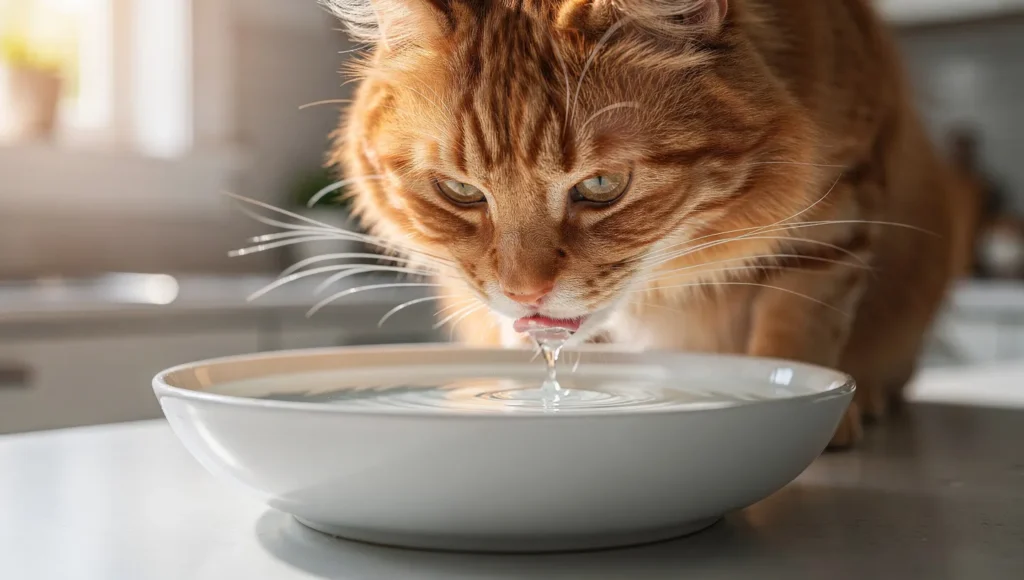 Cat drinking fresh water from a bowl