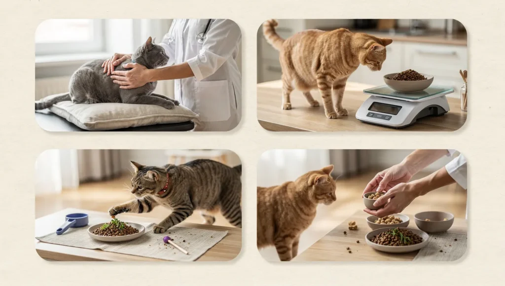Infographic showing steps to help a cat lose weight safely