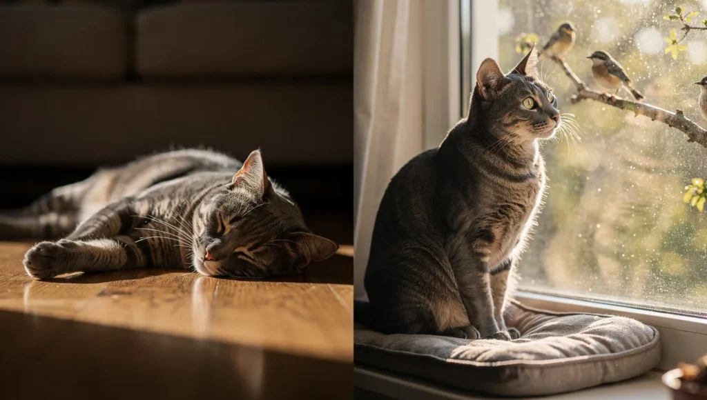 Bored cat indoors vs happy cat on window perch watching birds