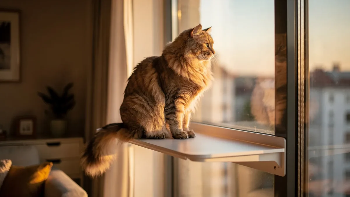Best Cat Window Perches for Every Home Cozy indoor cat sitting on a modern cat window perch overlooking city view