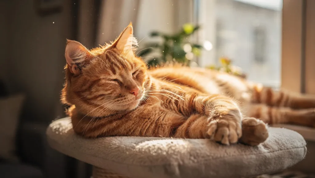 Relaxed cat sunbathing on window perch in sunbeam