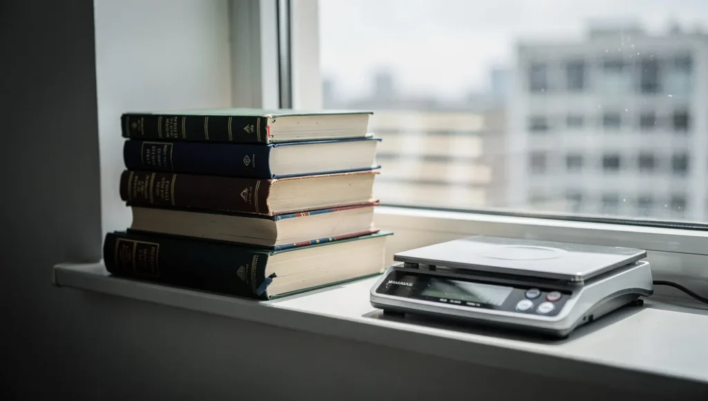 Books stacked on cat window perch for weight safety testing