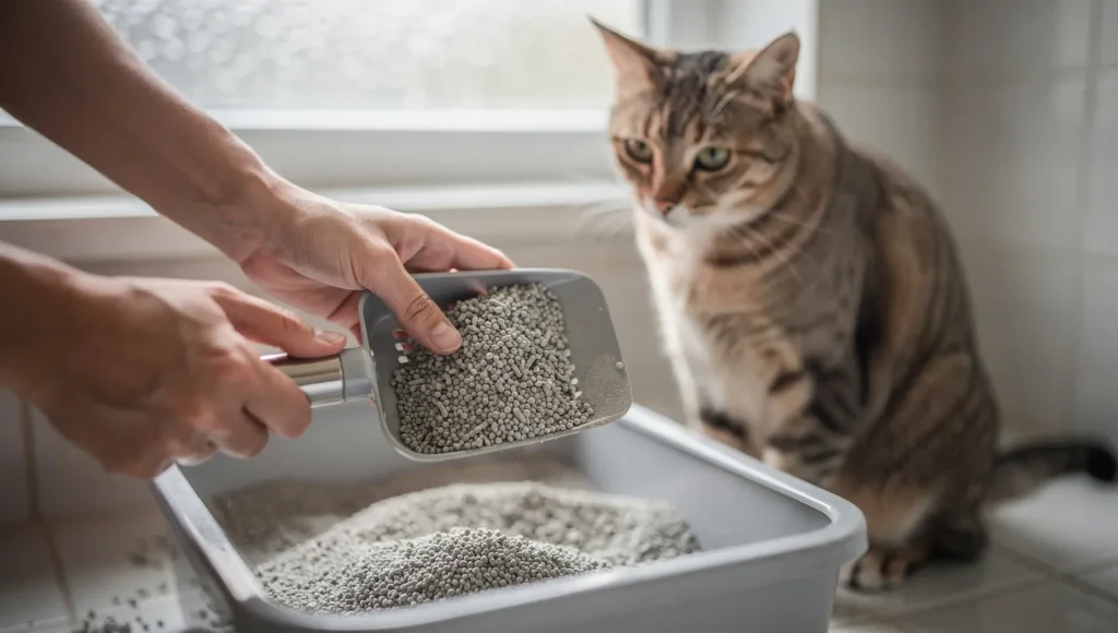 A cat owner crouching down to inspect a litter box with a scoop, monitoring for signs of diarrhea or vomiting during a food transition.