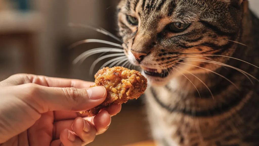 Owner hand-feeding a healthy chicken bite treat to a tabby cat.