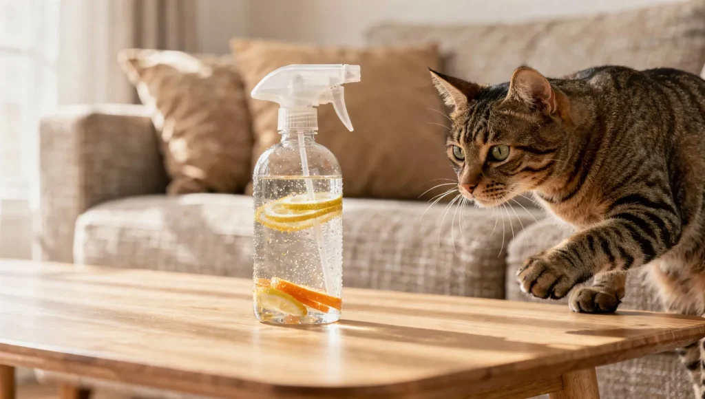 Spray bottle with diluted citrus solution near couch with suspicious cat sniffing