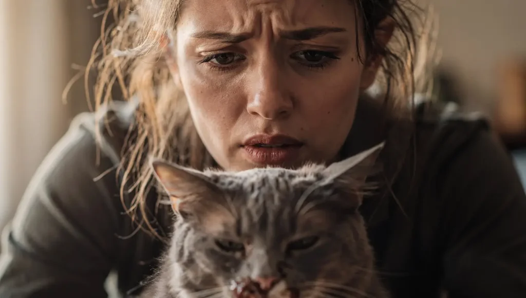  A concerned owner observing their cat, with a focus on the cat's face showing subtle signs of distress like half-closed eyes.