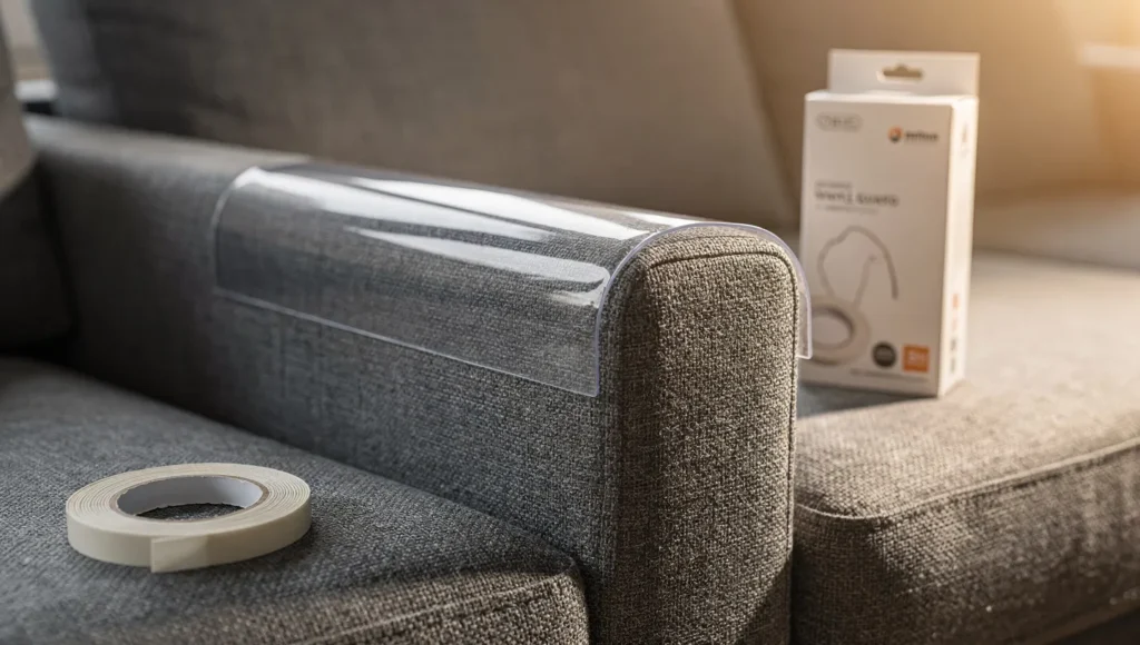 Stop a cat from scratching furniture Clear furniture guard and sticky tape applied to couch arm with product labels