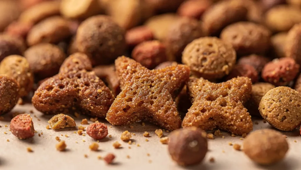 Alt Text: Close-up of crunchy dry cat food kibble showing different shapes and textures.