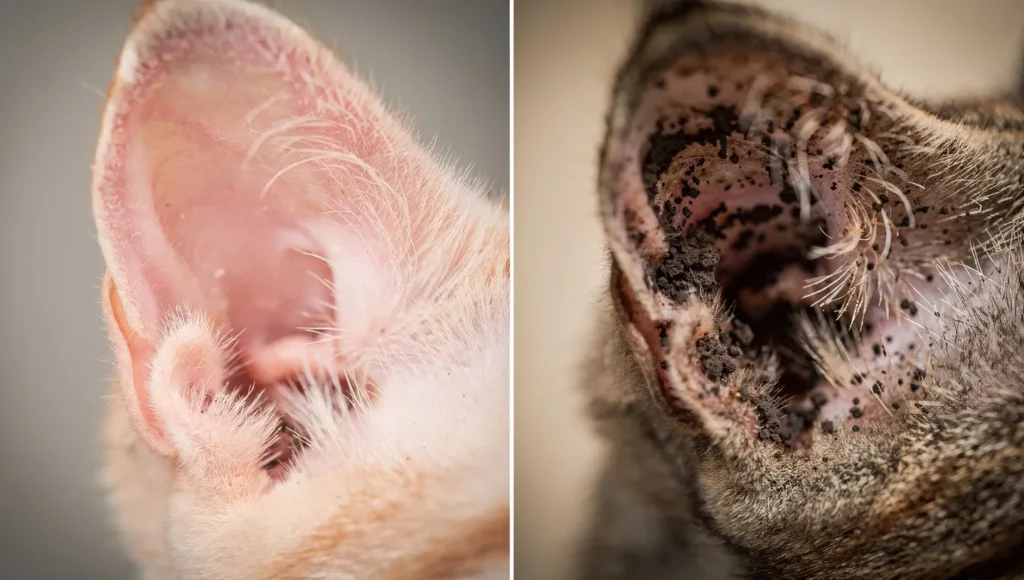 Infographic showing healthy vs infected cat ear.