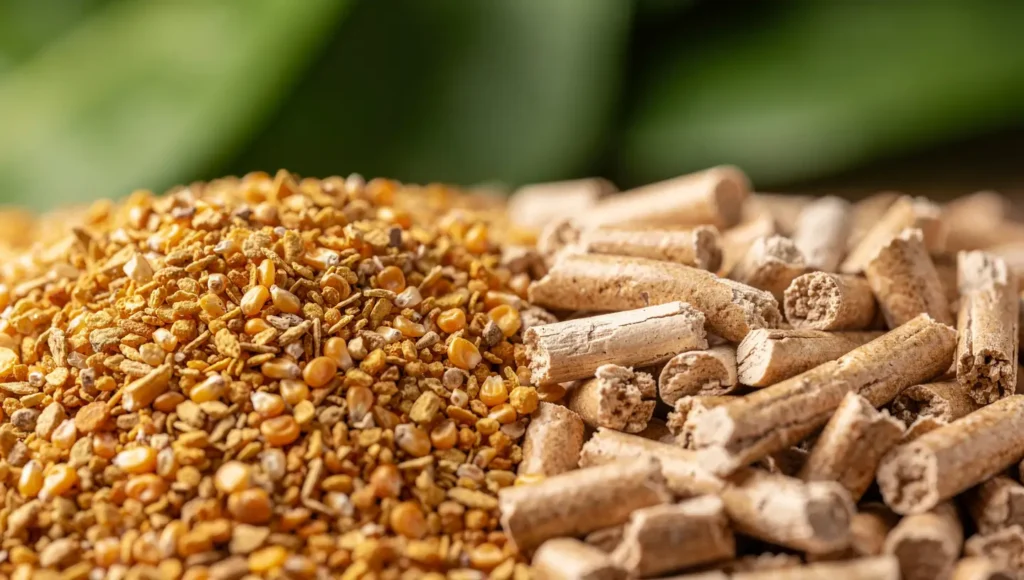 A close-up of natural wood pellets and corn-based litter showing their unique textures