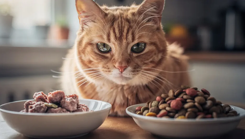 Wet vs dry cat food  A cat choosing between wet and dry cat food bowls.