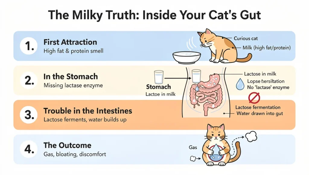 An interactive infographic explaining why cats are lactose intolerant and the internal reaction to drinking cow milk.