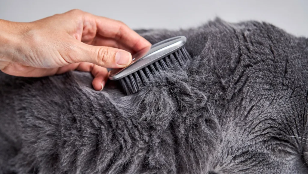 Brushing the dense plush coat of a British Shorthair cat.