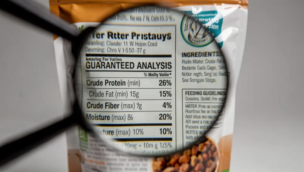 A clear, high-contrast photo of the "Guaranteed Analysis" box on a cat food bag, with a magnifying glass hovering over the protein and moisture percentages.