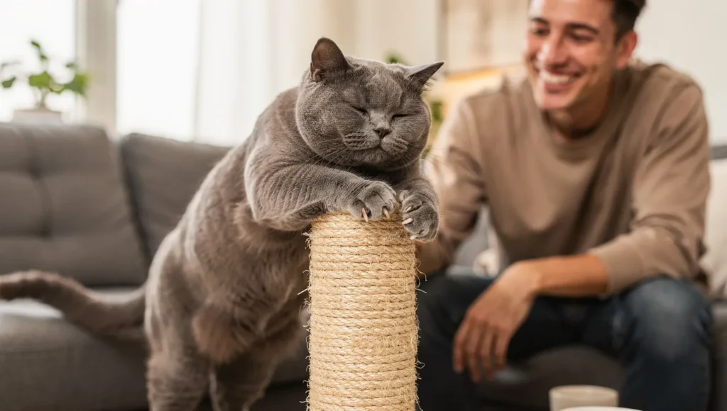 Content cat using tall scratching post next to beautiful undamaged couch with smiling owner