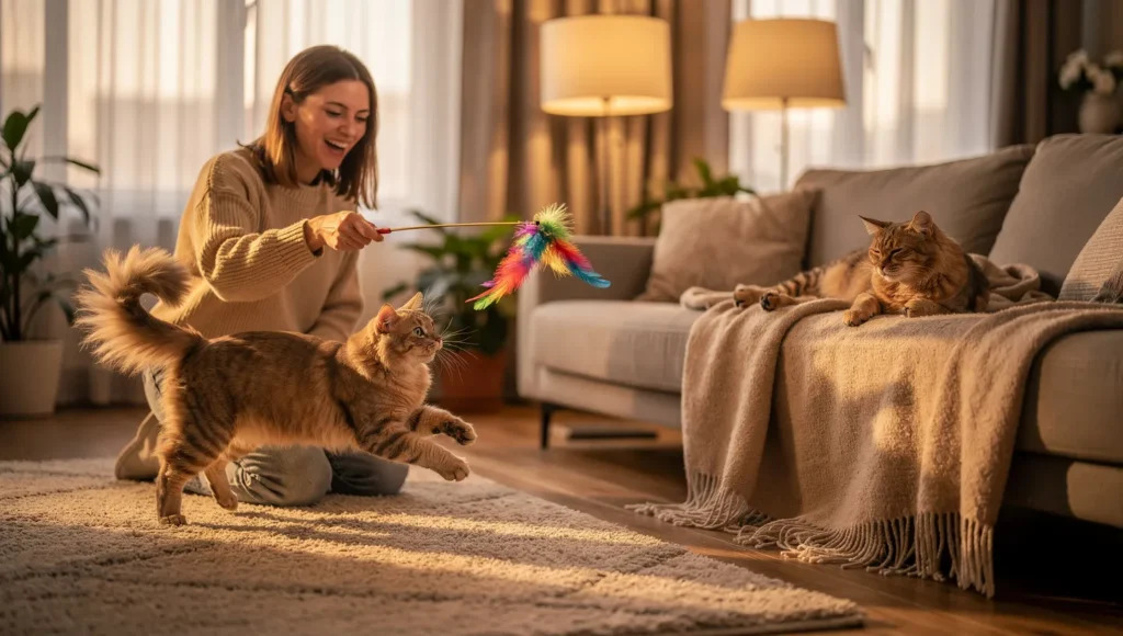Owner bonding with cat during playtime