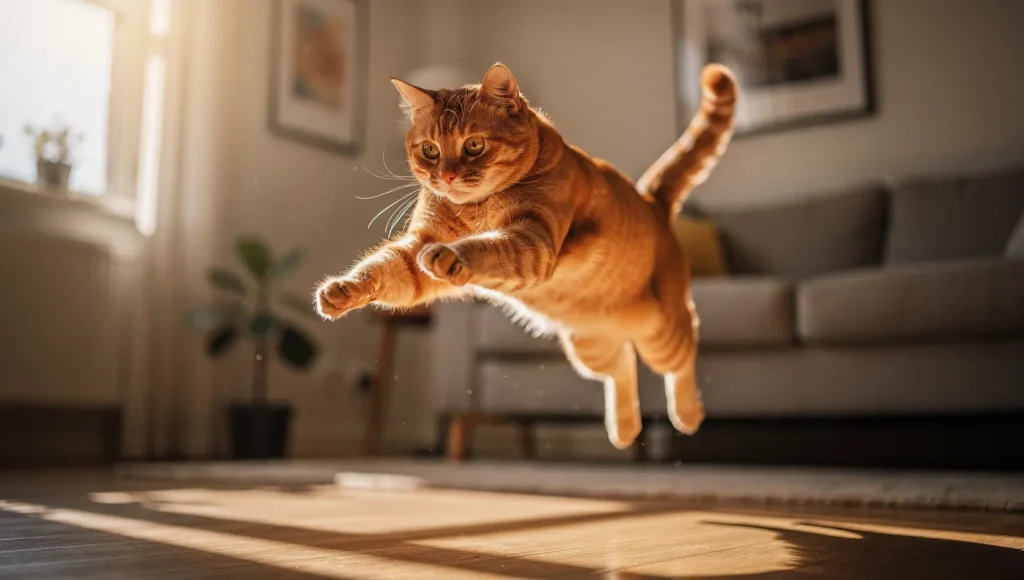 Cat Weight Loss: A healthy cat jumping during a cat weight loss exercise session.