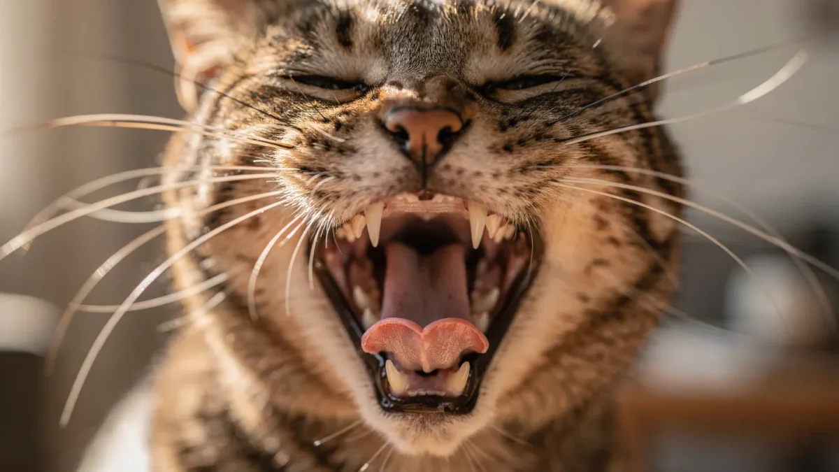 Cat dental care A close-up, high-quality photo of a happy cat with bright white teeth and healthy pink gums, looking at the camera