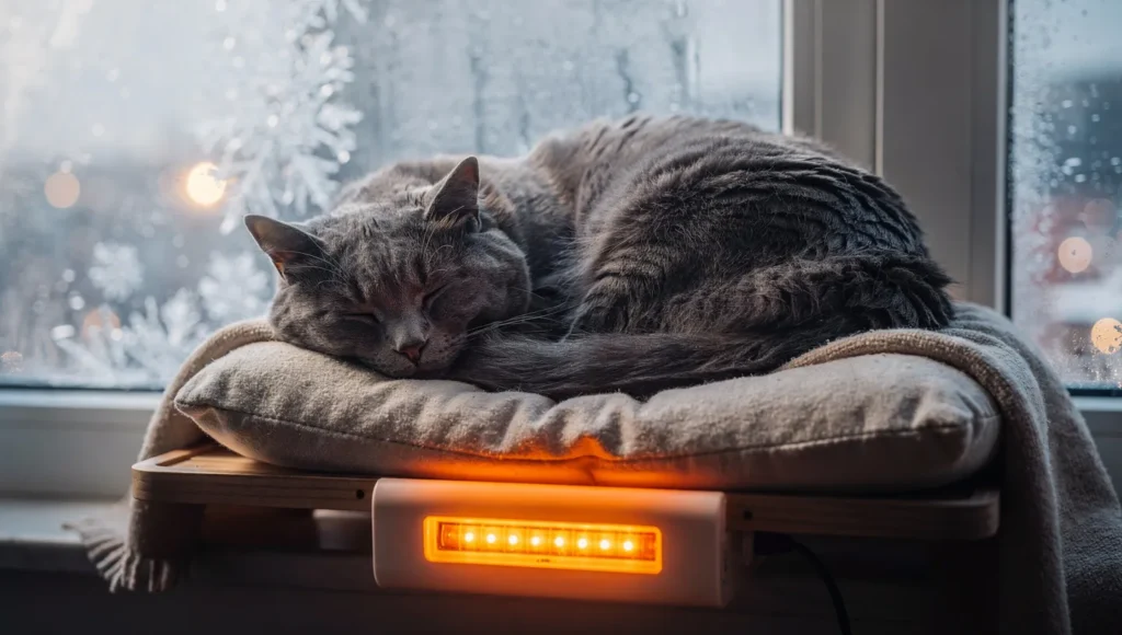 Senior cat sleeping on heated window perch with LED indicator