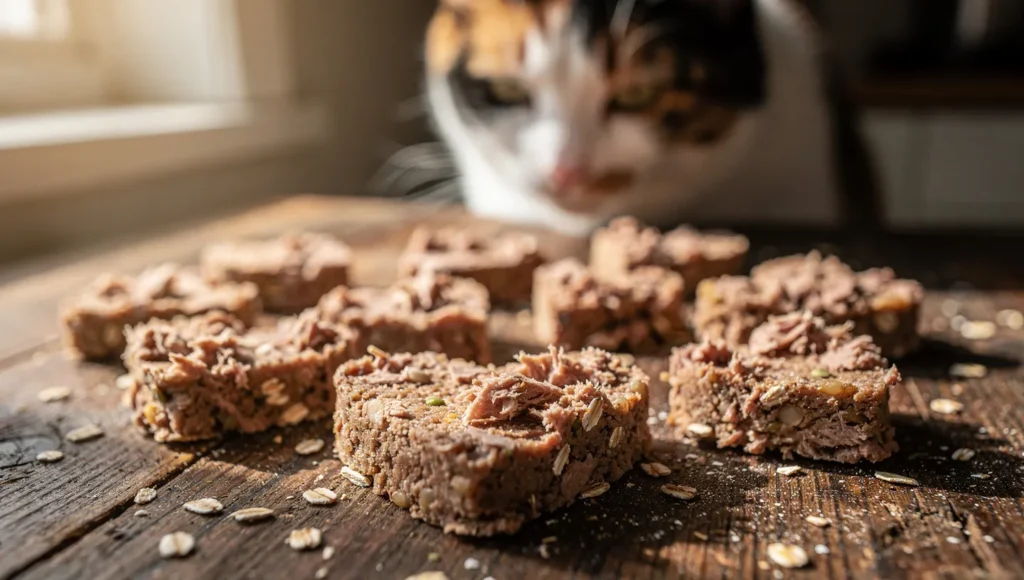 Homemade Cat Treats: A variety of heart-shaped homemade cat treats on a wooden table.